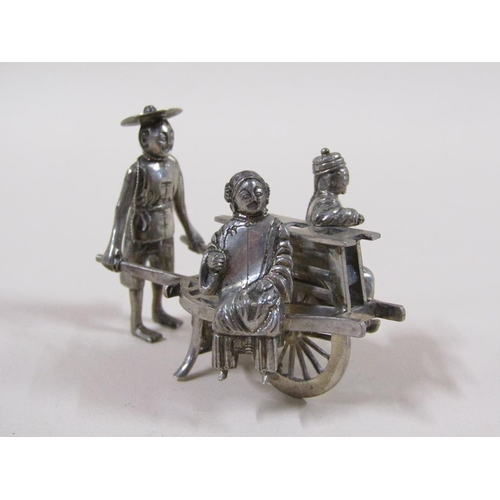 65 - A late 19c/early 20c group of three Chinese silver miniatures comprising a weaving loom, farmer cult... 