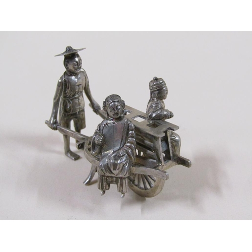 65 - A late 19c/early 20c group of three Chinese silver miniatures comprising a weaving loom, farmer cult... 