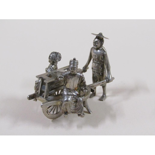 65 - A late 19c/early 20c group of three Chinese silver miniatures comprising a weaving loom, farmer cult... 