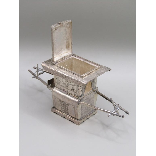 66 - A group of three late 19c/early 20c Chinese silver miniatures including two Sedan chairs and one lit... 