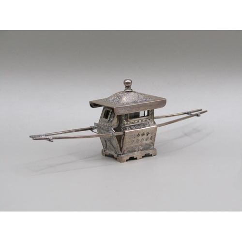 66 - A group of three late 19c/early 20c Chinese silver miniatures including two Sedan chairs and one lit... 