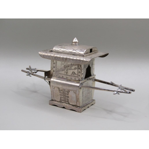 66 - A group of three late 19c/early 20c Chinese silver miniatures including two Sedan chairs and one lit... 