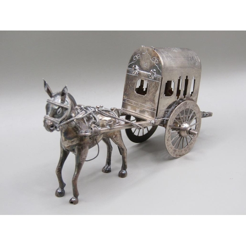 68 - A late 19c/early 20c Chinese silver marriage two wheeled  litter being pulled by a mule, makers mark... 