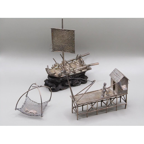 69 - A late 19c/early 20c Chinese silver fishing platform and a single mast fishing boat, makers marks fo... 