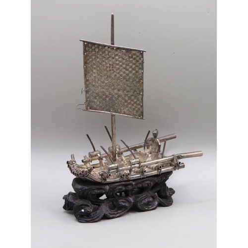 69 - A late 19c/early 20c Chinese silver fishing platform and a single mast fishing boat, makers marks fo... 