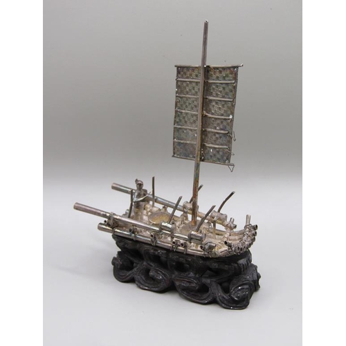 69 - A late 19c/early 20c Chinese silver fishing platform and a single mast fishing boat, makers marks fo... 