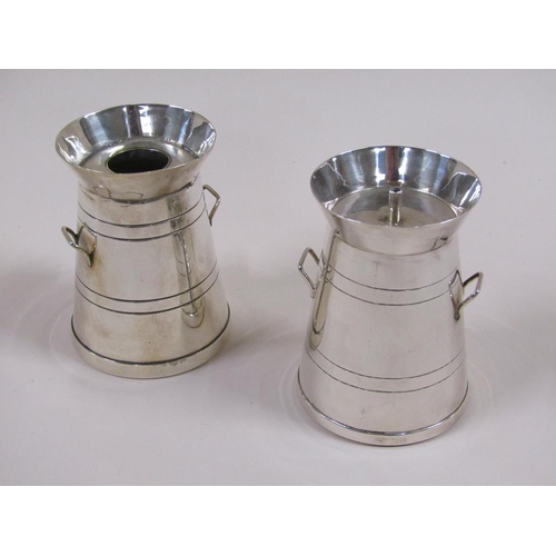 115 - A pair of early 20c silver plate milk churn in the form of a cigar lighter and a spill holder, each ... 