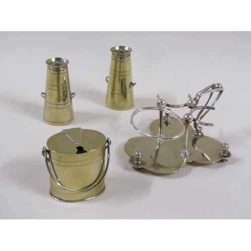 116 - An early 20c silver plate condiment set comprising milk churn shaped salt and pepper and a cream can... 