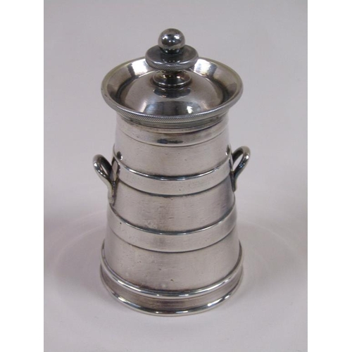 118 - An early 20c silver plate milk churn pepper grinder, 9.5cm h.