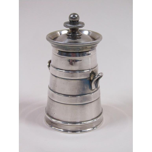 118 - An early 20c silver plate milk churn pepper grinder, 9.5cm h.