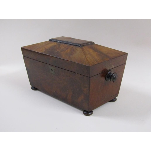 33 - Late Georgian figured mahogany three compartment tea caddy of sarcophagus form with compressed ball ... 