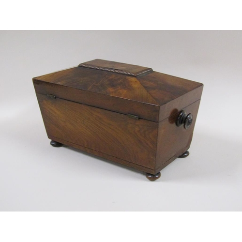 33 - Late Georgian figured mahogany three compartment tea caddy of sarcophagus form with compressed ball ... 