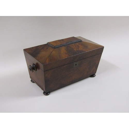 33 - Late Georgian figured mahogany three compartment tea caddy of sarcophagus form with compressed ball ... 