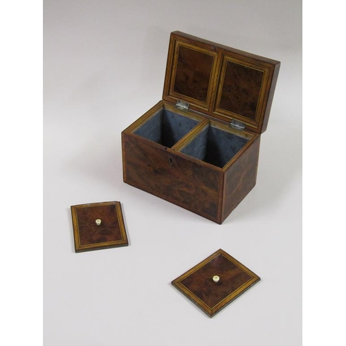 34 - A late Georgian burr wood two compartment tea caddy of rectangular form, the interior and lid crossb... 