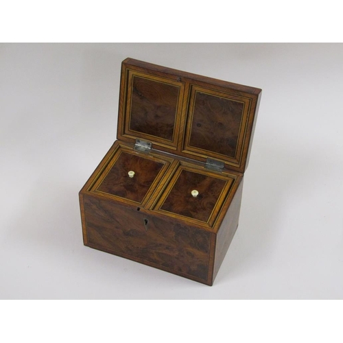 34 - A late Georgian burr wood two compartment tea caddy of rectangular form, the interior and lid crossb... 