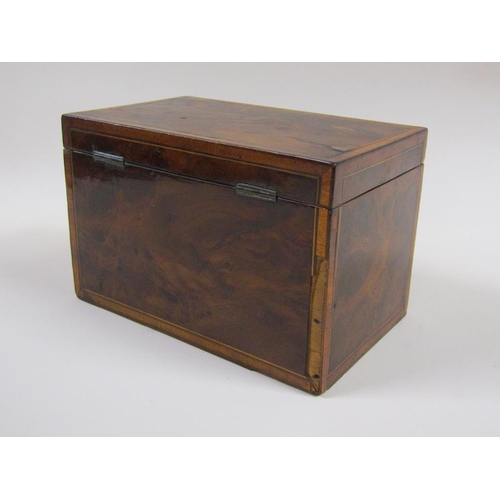 34 - A late Georgian burr wood two compartment tea caddy of rectangular form, the interior and lid crossb... 