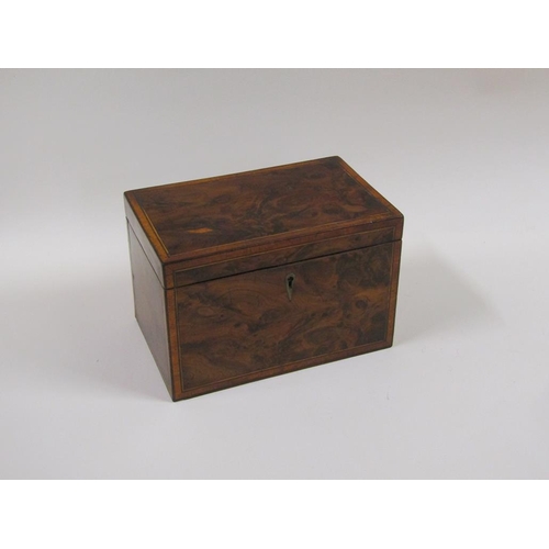 34 - A late Georgian burr wood two compartment tea caddy of rectangular form, the interior and lid crossb... 