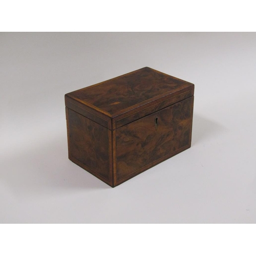 34 - A late Georgian burr wood two compartment tea caddy of rectangular form, the interior and lid crossb... 