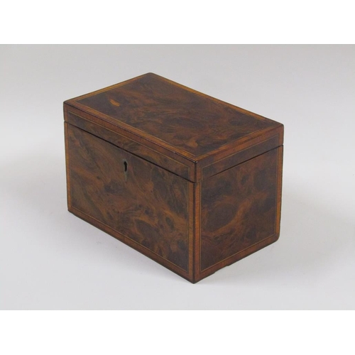 34 - A late Georgian burr wood two compartment tea caddy of rectangular form, the interior and lid crossb... 