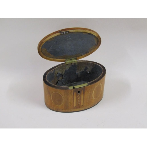 35 - Regency period satin wood tea caddy of oval form, crossbanded and line inlaid and decorated with ova... 