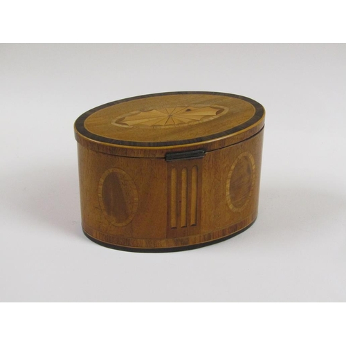 35 - Regency period satin wood tea caddy of oval form, crossbanded and line inlaid and decorated with ova... 