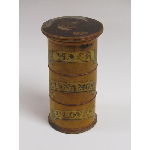 36 - A 19c three division spice tower for mace, cinnamon and cloves, 15cm h.