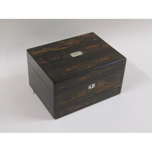 37 - A 19c rosewood travelling vanity box with a fitted interior and base drawer, velvet and satin lined ... 