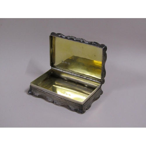 80 - A mid 19c silver table snuff box with gilt lined interior, makers mark for George Unite, Birmingham ... 