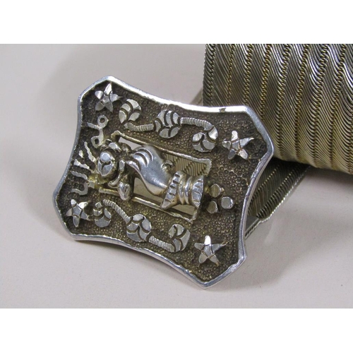 86 - A Turkish silver belt, the buckle face cast with a hand and rose, 13.6ozt, 95cm l.