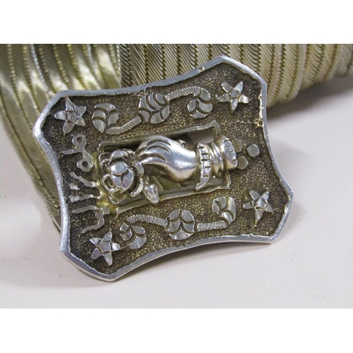 86 - A Turkish silver belt, the buckle face cast with a hand and rose, 13.6ozt, 95cm l.