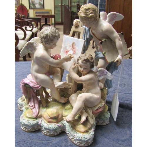 142 - A 19c Meissen figure group of cherubs painting with easel and canvas, a/f some restoration in places... 