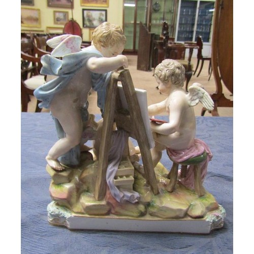 142 - A 19c Meissen figure group of cherubs painting with easel and canvas, a/f some restoration in places... 