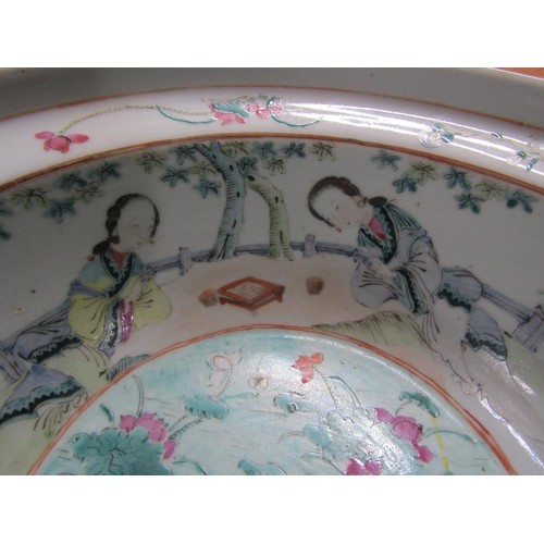 132 - A 19c Chinese famille verte bowl of deep circular form, the base decorated with ducks on a pool, the... 