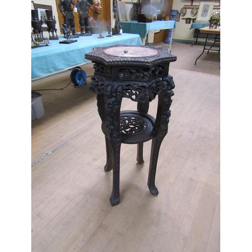 290 - A 19c Oriental carved hardwood marble top pot stand with and under tier shelf, a/f, 48cm w, 94cm h.