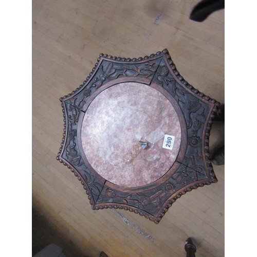 290 - A 19c Oriental carved hardwood marble top pot stand with and under tier shelf, a/f, 48cm w, 94cm h.