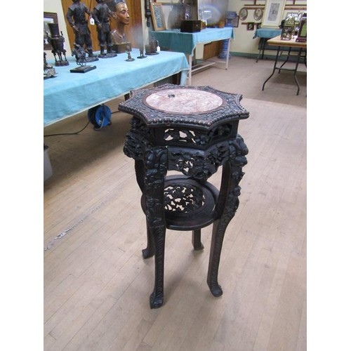 290 - A 19c Oriental carved hardwood marble top pot stand with and under tier shelf, a/f, 48cm w, 94cm h.