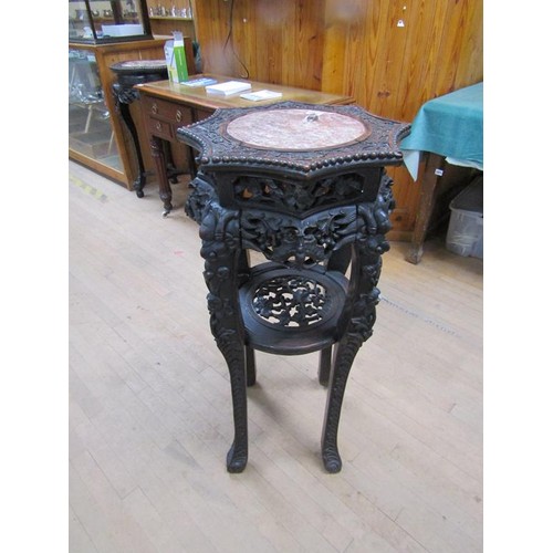 290 - A 19c Oriental carved hardwood marble top pot stand with and under tier shelf, a/f, 48cm w, 94cm h.