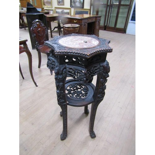 290 - A 19c Oriental carved hardwood marble top pot stand with and under tier shelf, a/f, 48cm w, 94cm h.