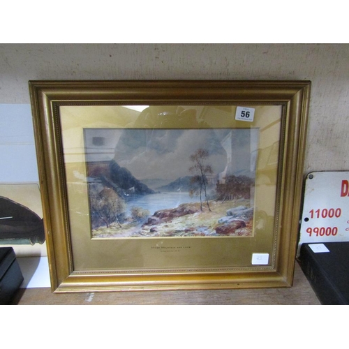 56 - GILT FRAMED COLOURED PRINT - MIDST MOUNTAIN AND LAKE. J MACWORTER