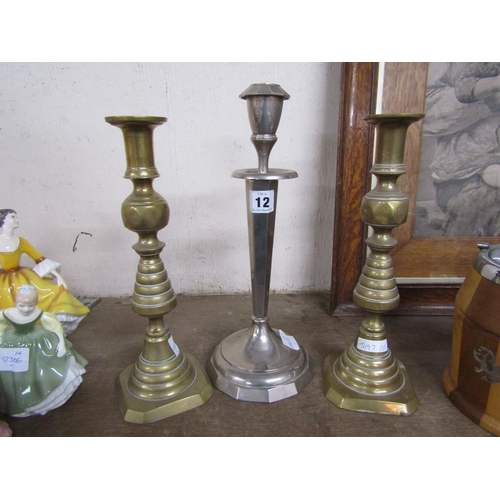 12 - PAIR OF ANTIQUE BRASS BEEHIVE CANDLESTICKS & ONE OTHER PLATED.