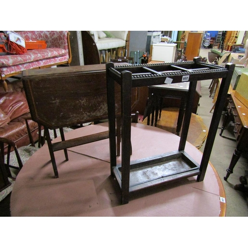 602 - OAK STICK STAND AND AN INLAID TABLE