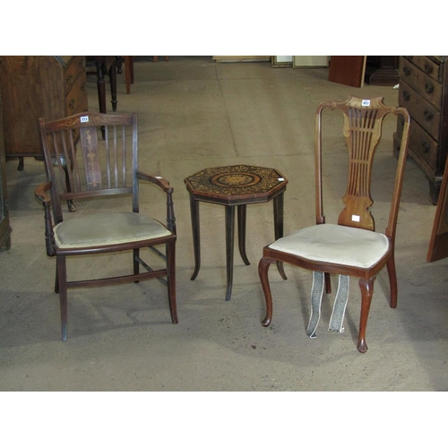 711 - TWO EDWARDIAN CHAIRS AND A TABLE