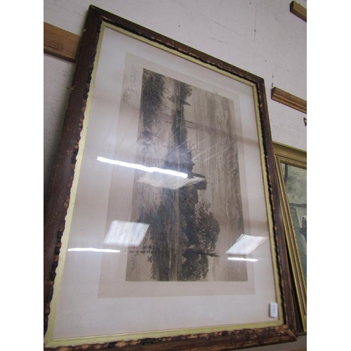 145 - FRAMED B&W ENGRAVING; OIL