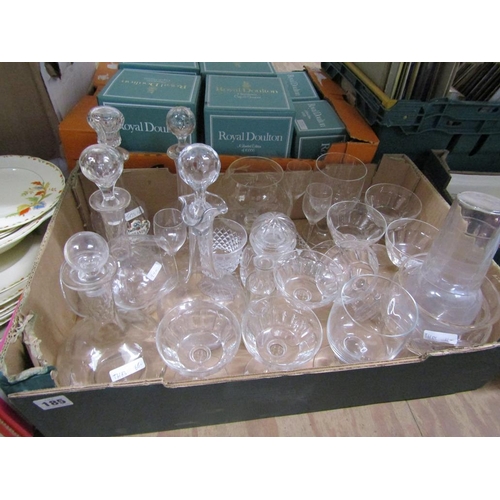 185 - BOX OF CRYSTAL GLASSWARE TO INCL DECANTERS