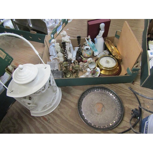 217 - BOX OF MIXED CERAMICS, CANDLESTICKS, DRESSING TABLE ITEMS ETC