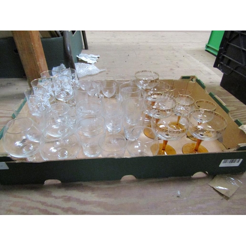 221 - BOX OF GLASSWARE - TUMBLERS, BRANDYS ETC