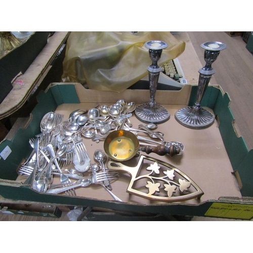 222 - BOX TO INCL PLATED CANDLESTICK, CUTLERY ETC