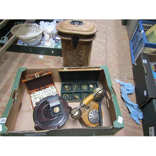 255 - BOX TO INCL DOMINO SET, VINTAGE STYLE TELEPHONE, WINE BOX