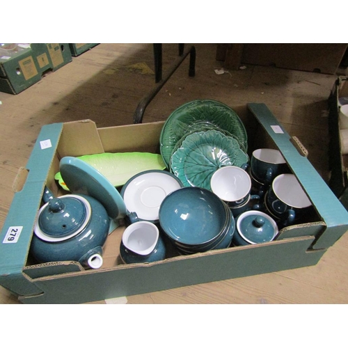 279 - BOX TO INCL MIXED TEAWARES, MAJOLICA PLATES