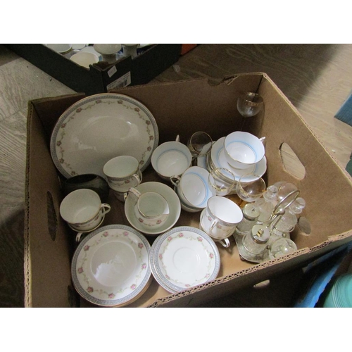 292 - BOX OF MIXED TEAWARES, GLASSWARE & CRUET